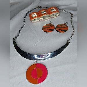 Silver Tone and Orange Jewelry Set
